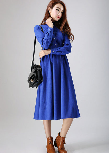 Blue Linen Midi Dress - Pleated Front, Long Sleeve 798