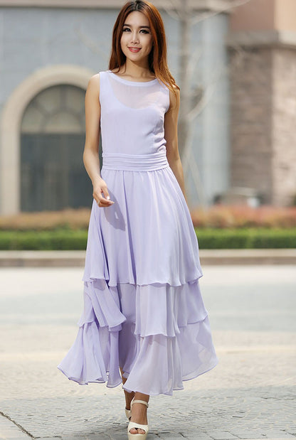 Purple Chiffon Maxi Dress - Sleeveless Tiered with Fitted Waist 929