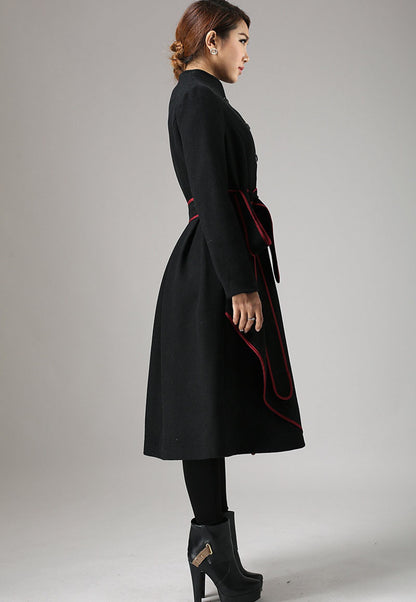 Black Wool Coat - Mandarin Collar with Contrasting Piping 738