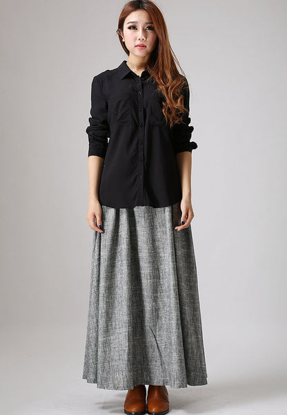Grey Linen Cotton Maxi Skirt - Pleated A-Line Silhouette 886
