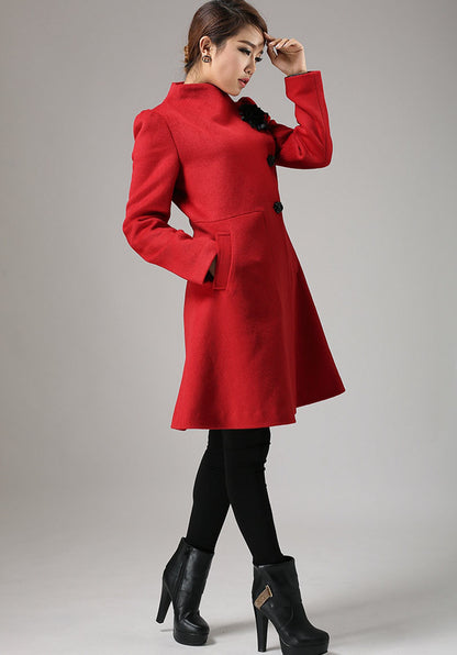 Red Wool Winter Coat – Vintage Fit and Flare Asymmetric Button Overcoat 734