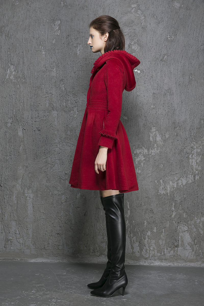Wine red wool coat winter women coat hooded coat (1354)