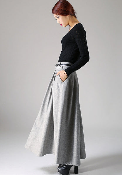 Light Gray Wool Maxi Skirt – High Waist Pleated Full-Length Skirt 1095