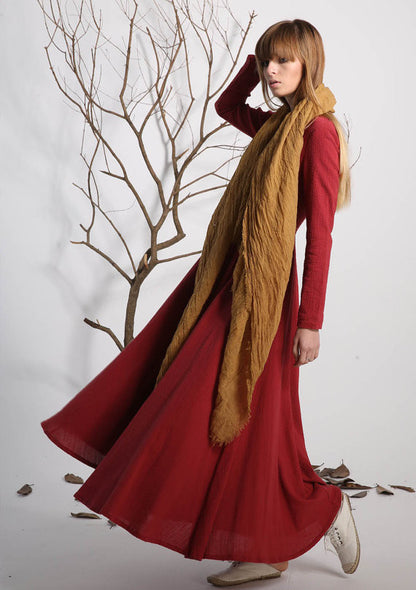 Red Linen Maxi Dress - Long Sleeve, Round Neckline 1133
