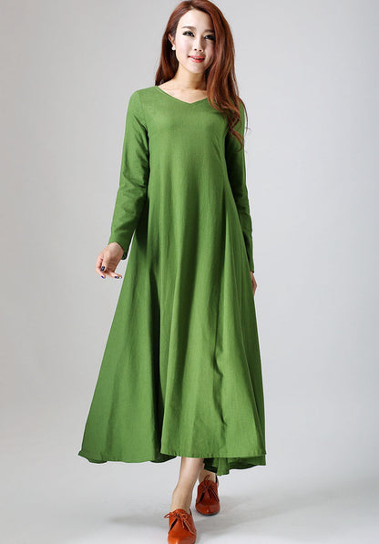 Green Linen Maxi Dress - Relaxed Fit V-Neck Silhouette 789