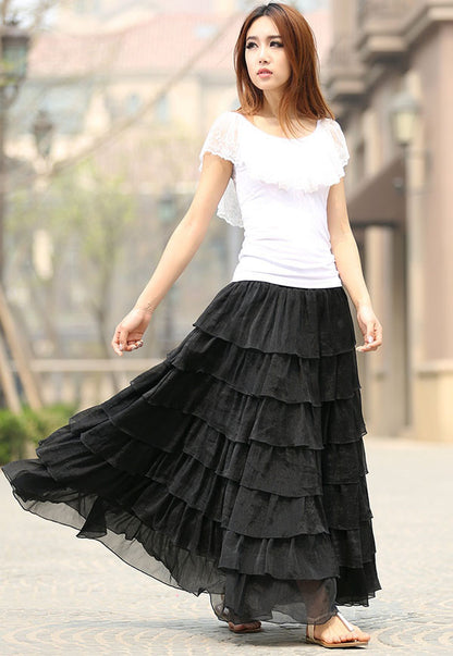 Black Chiffon Maxi Skirt - Tiered Ruffle Detail with Elastic Waist 939