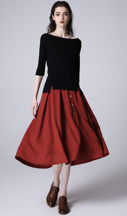 Wine Red Linen Midi Skirt - Casual A-Line with Decorative Buttons 1196