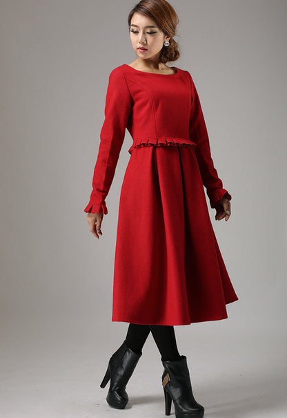 Red Wool Dress Maxi - Pleated Waist, Round Neck 741