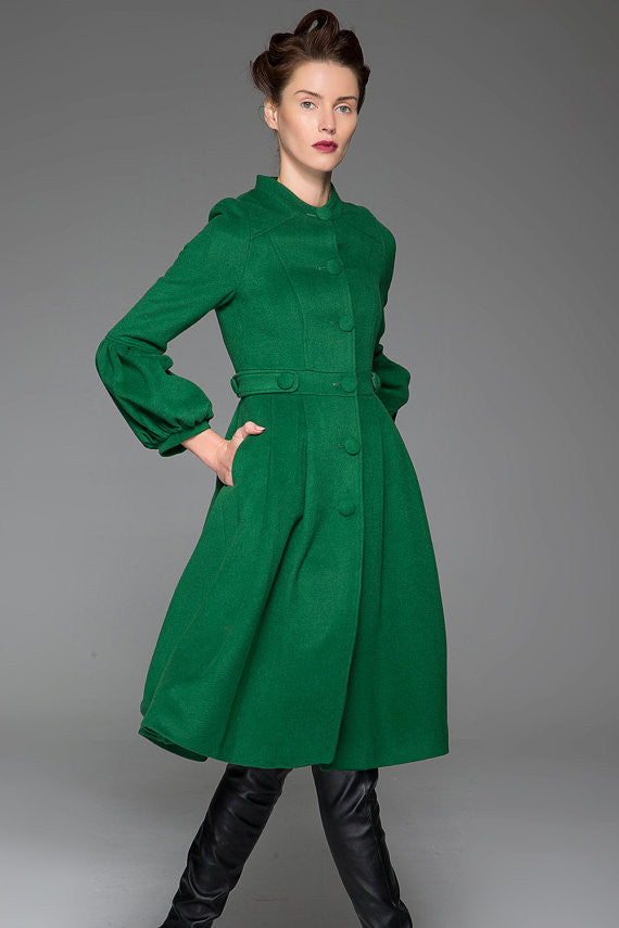Green Wool Coat Warm Winter Coat With Single-Breasted at Sleeves and Adjustable Waist With String (1417)