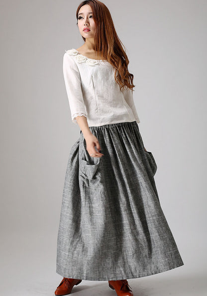 Grey Linen Blend Maxi Skirt - Elastic Waist, Draped Pockets 867