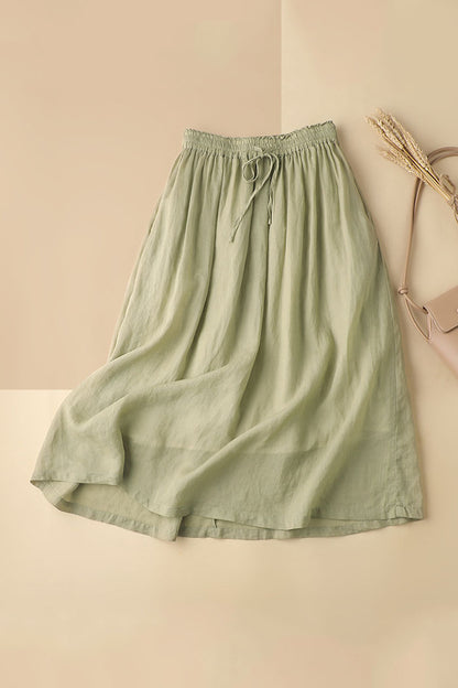Army Green Linen A-Line Maxi Skirt - Elastic Waist, Side Pockets 3592