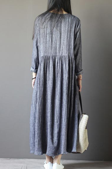 Gray Linen Maxi Dress - V-Neck, Loose Fit Commuter Dress CYM330