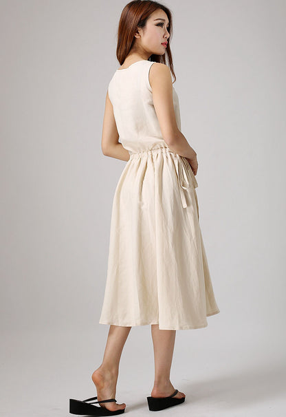 Natural Linen Summer Dress – Sleeveless Ivory Midi Dress for Women | Xiaolizi 0879