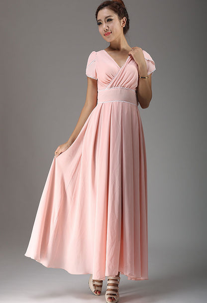 Pink Chiffon Maxi Dress - Flowy Swing, V-Neckline 638