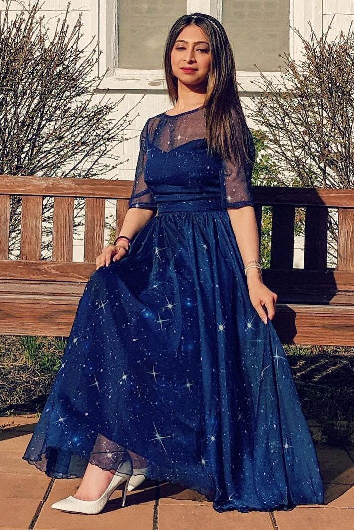 sky blue color dress Blue Chiffon Midi Dress with Starry Sky Swing Silhouette for Summer – Xiaolizi