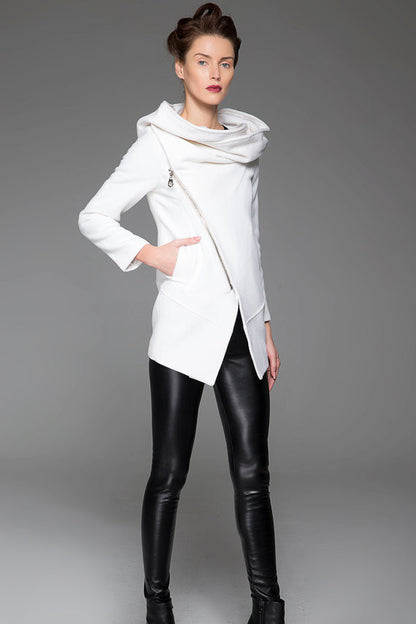 Women's White Wool Blend Coat – Asymmetrical Zip, Oversized Hood, Minimalist Winter Style 1421