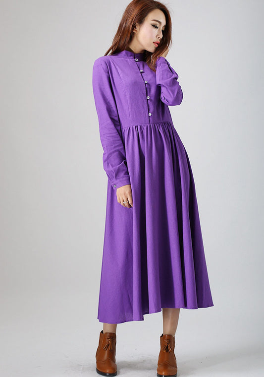 purple dress woman maxi dress long linen dress custom made long sleeve dress (799)