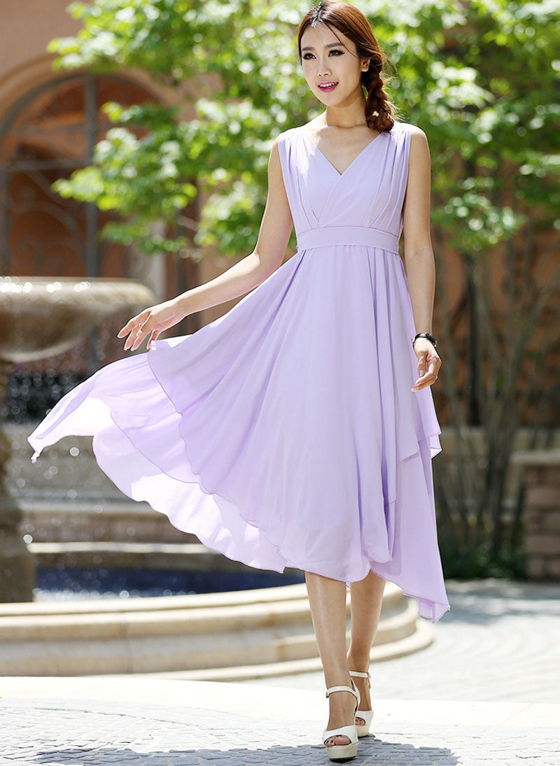 Purple Chiffon Maxi Dress with Irregular Hem and Waist Belt Purple Chiffon Maxi Dress with Irregular Hem and Waist Belt