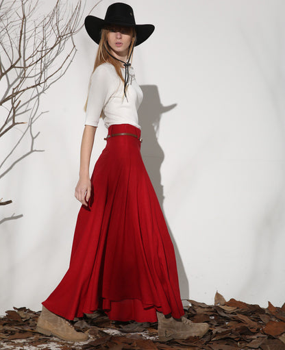 Red Linen Blend A-Line Maxi Skirt - Pleated Ankle Length 1154