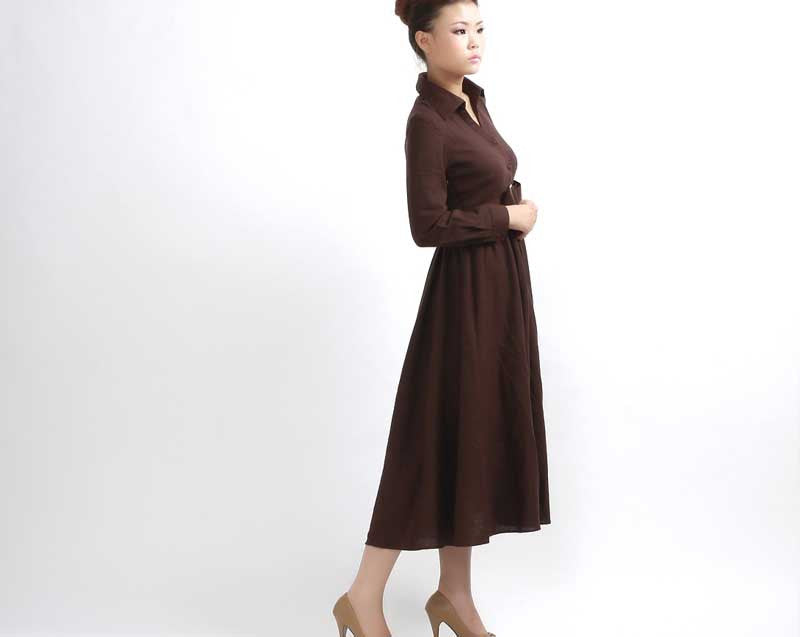 Brown Linen Blend Maxi Dress with Button Front and Tie Waist Xiaolizi Brown Linen Blend Maxi Dress with Button Front and Tie Waist Xiaolizi