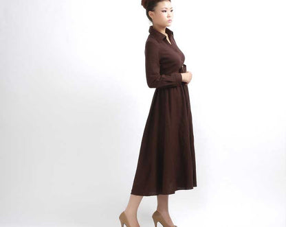 Brown Linen Blend Maxi Dress - Button Front, Tie Waist 304