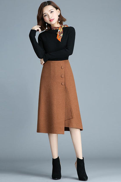 Brown Polyester A-Line Mid-Calf Skirt - High Waist Irregular Fall Style S014