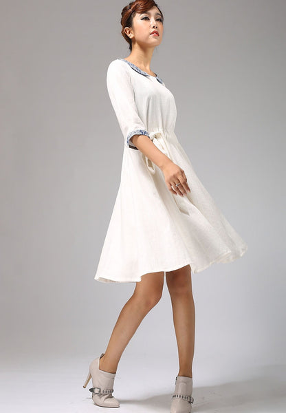 White Linen Dress - Contrast Collar & Elbow Sleeve with Tie Waist 675