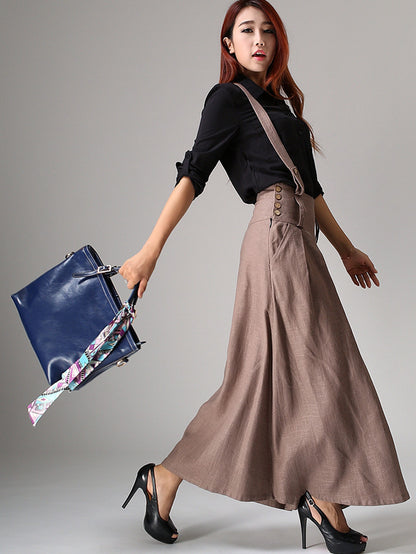 Beige Linen Maxi Skirt - Suspender Detail with Pockets 1033