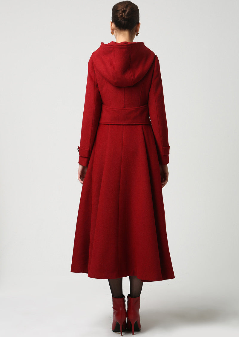 Womens Long Red Wool Coat with Hood 1107# – XiaoLizi