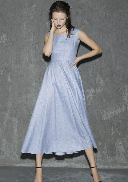 Blue Linen Sleeveless Midi Dress - Side Zipper with Pockets 1316