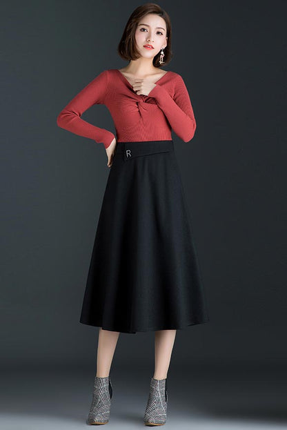 Gray Polyester Mid Calf A-Line Skirt - High Waist Winter Style CYM318