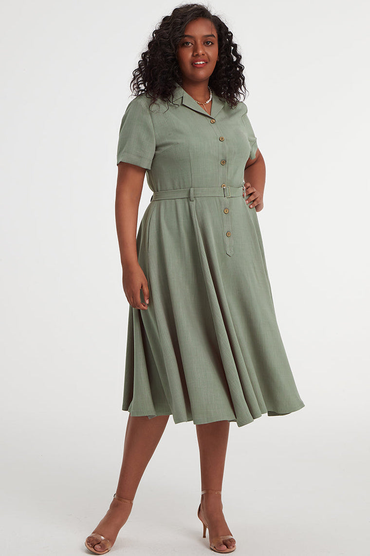 Light Green Linen Shirt Dress - Midi Fit & Flare Pockets | Xiaolizi Light Green Linen Shirt Dress - Midi Fit & Flare Pockets | Xiaolizi