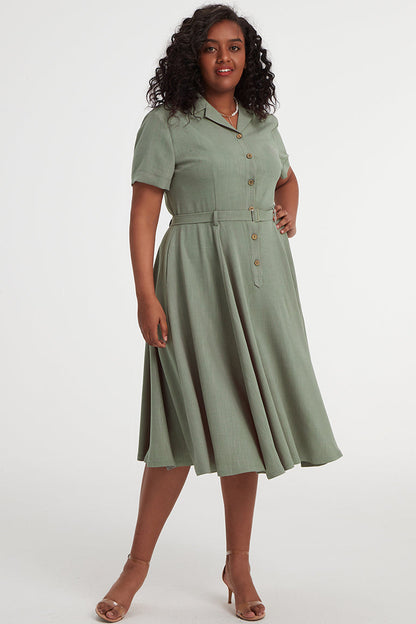 Light Green Linen Shirt Dress - Button Front Pockets Belt | Xiaolizi 3404