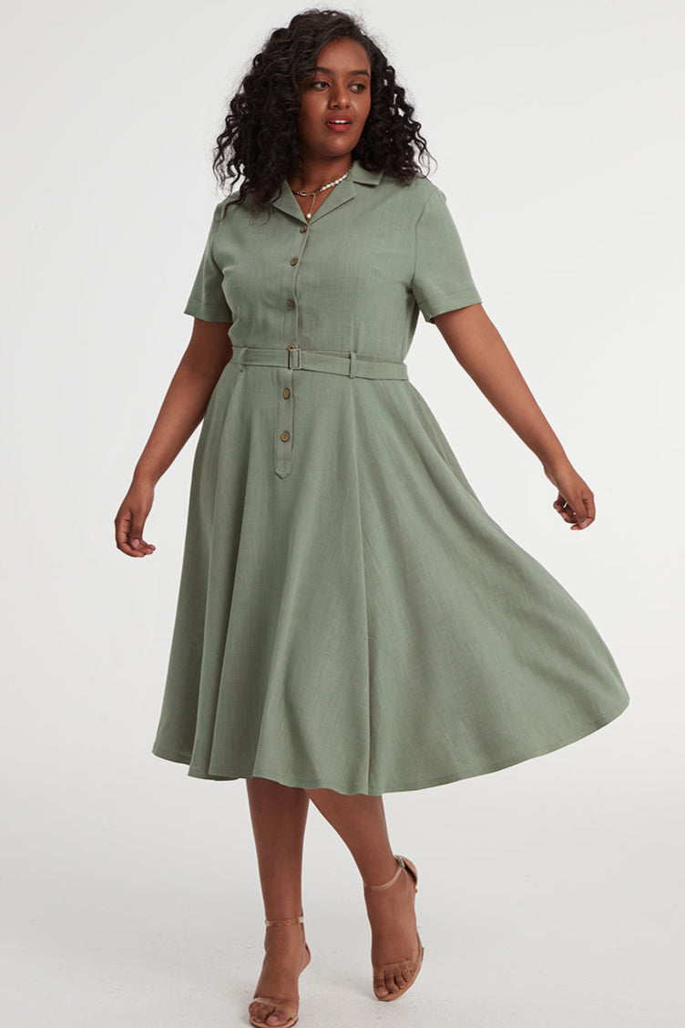 Light Green Linen Shirt Dress - Midi Fit & Flare Pockets | Xiaolizi Green / M Light Green Linen Shirt Dress - Midi Fit & Flare Pockets | Xiaolizi Green / M