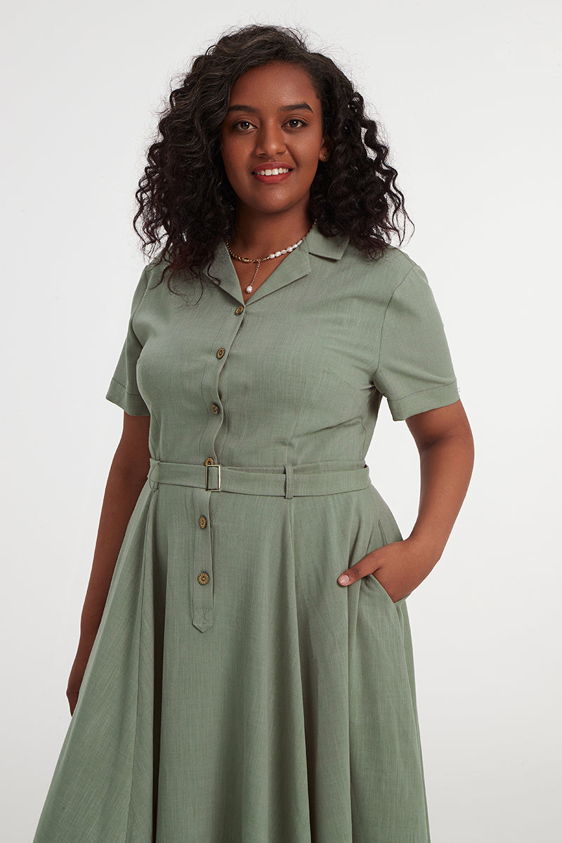 Short Sleeve Plus Size Green Linen Swing Midi Dress 3404#