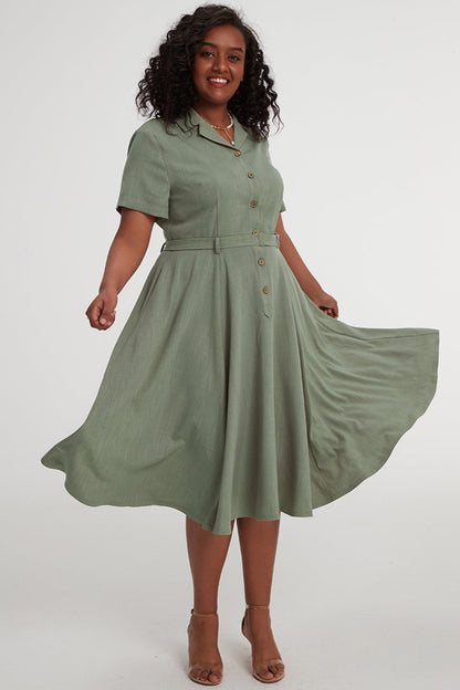 Light Green Linen Shirt Dress - Button Front Pockets Belt | Xiaolizi 3404