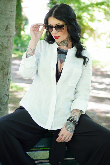White Linen Shirt - Long Sleeve Split Neck | Xiaolizi 3001