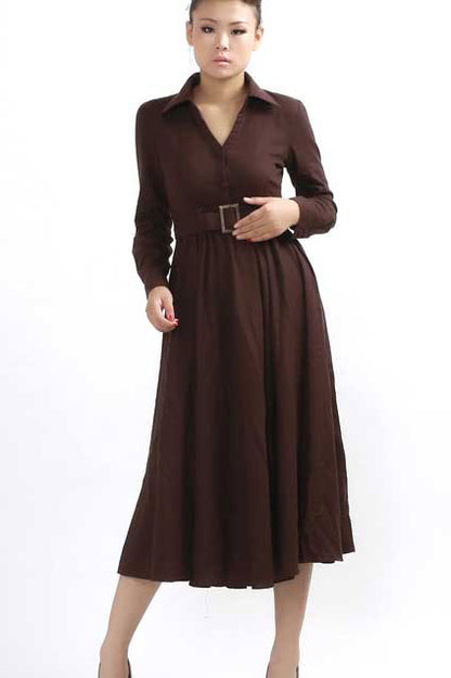 Dark brown maxi linen dress 0304#