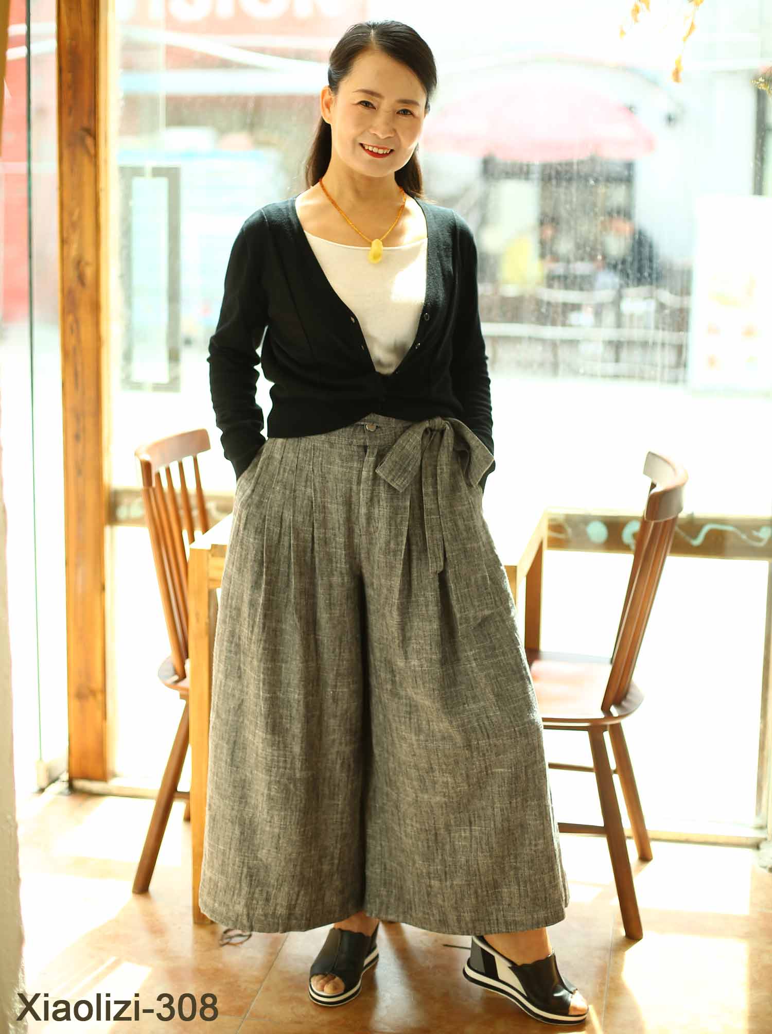 Wide Leg Pants - Gray Linen palazzo Pants with self tie belt 308