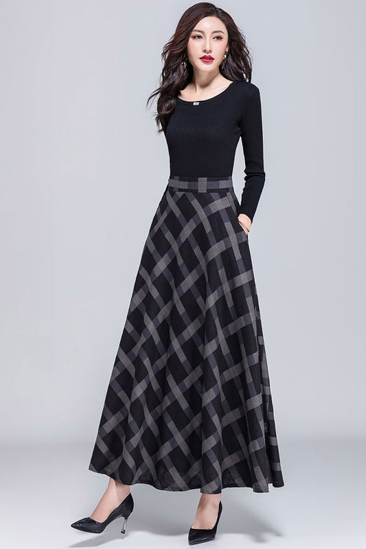 Women Gray Plaid Maxi Linen Skirt 3054