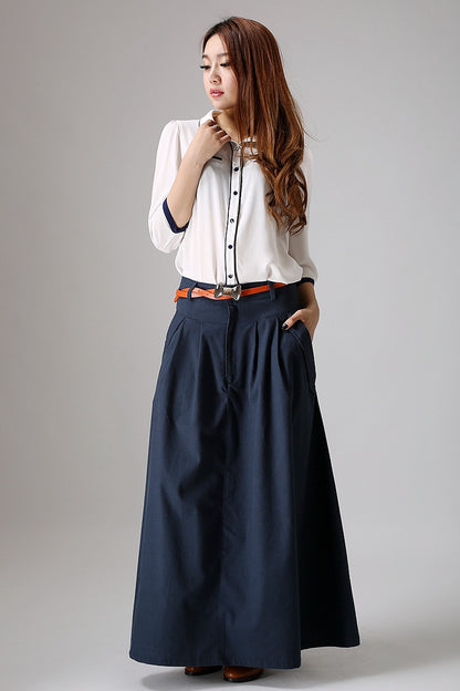 Blue Linen Maxi Skirt - Pleated Waist Flap Pockets | Xiaolizi 871