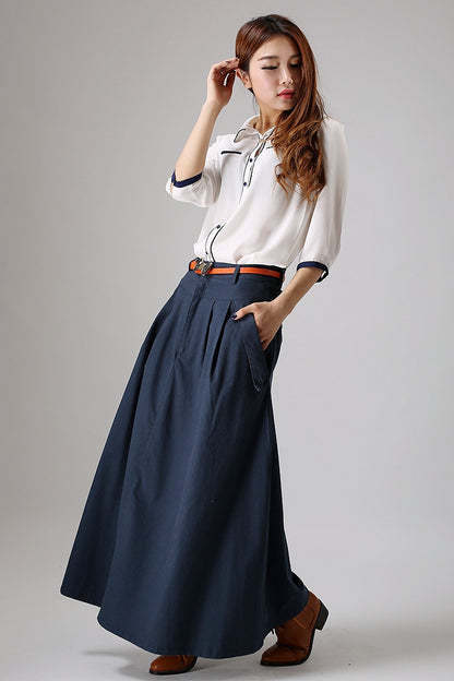 Blue Linen Maxi Skirt - Pleated Waist Flap Pockets | Xiaolizi 871
