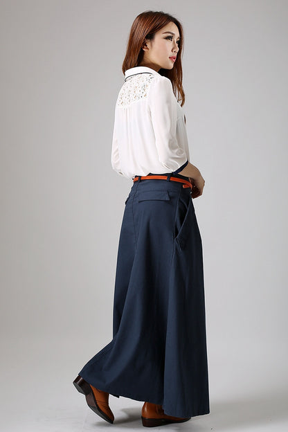 Blue Linen Maxi Skirt - Pleated Waist Flap Pockets | Xiaolizi 871