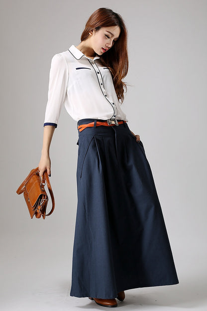 Blue Linen Maxi Skirt - Pleated Waist Flap Pockets | Xiaolizi 871