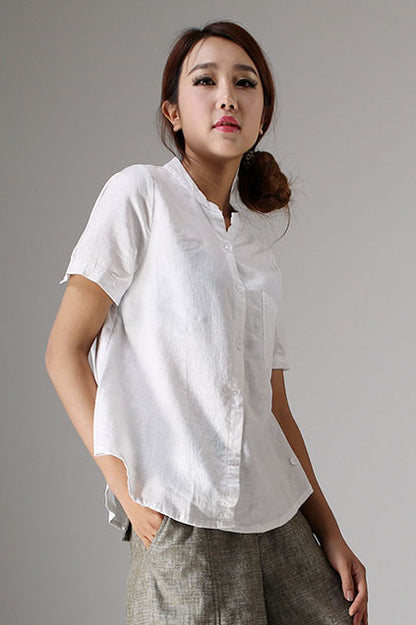 White linen blouse short sleeve tops 98611