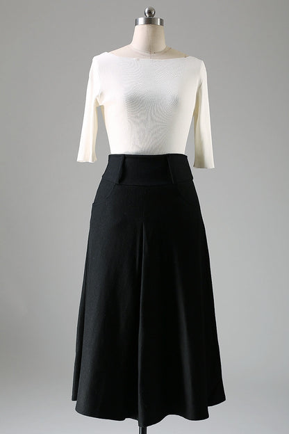 Black Wool Midi Skirt - High-Waisted A-Line Culotte with Belt 1084
