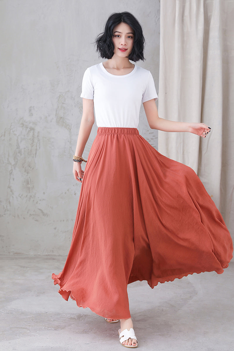 Summer Orange Elastic Waist Swing Linen Long Skirt 3298#CK2200323