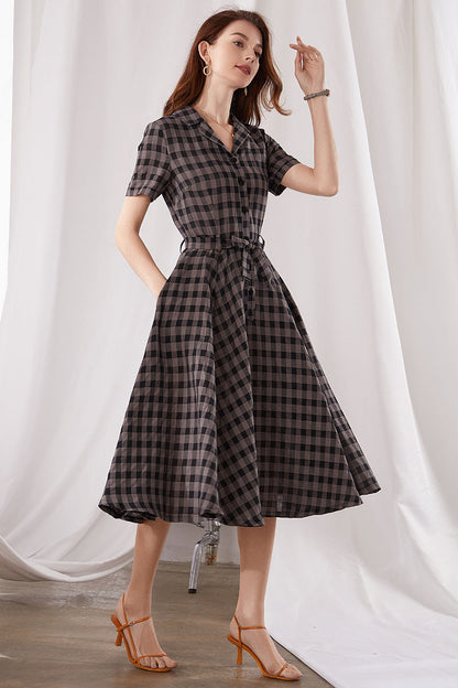 Black & Gray Plaid Linen Midi Dress - 50s Inspired Swing Silhouette 3377