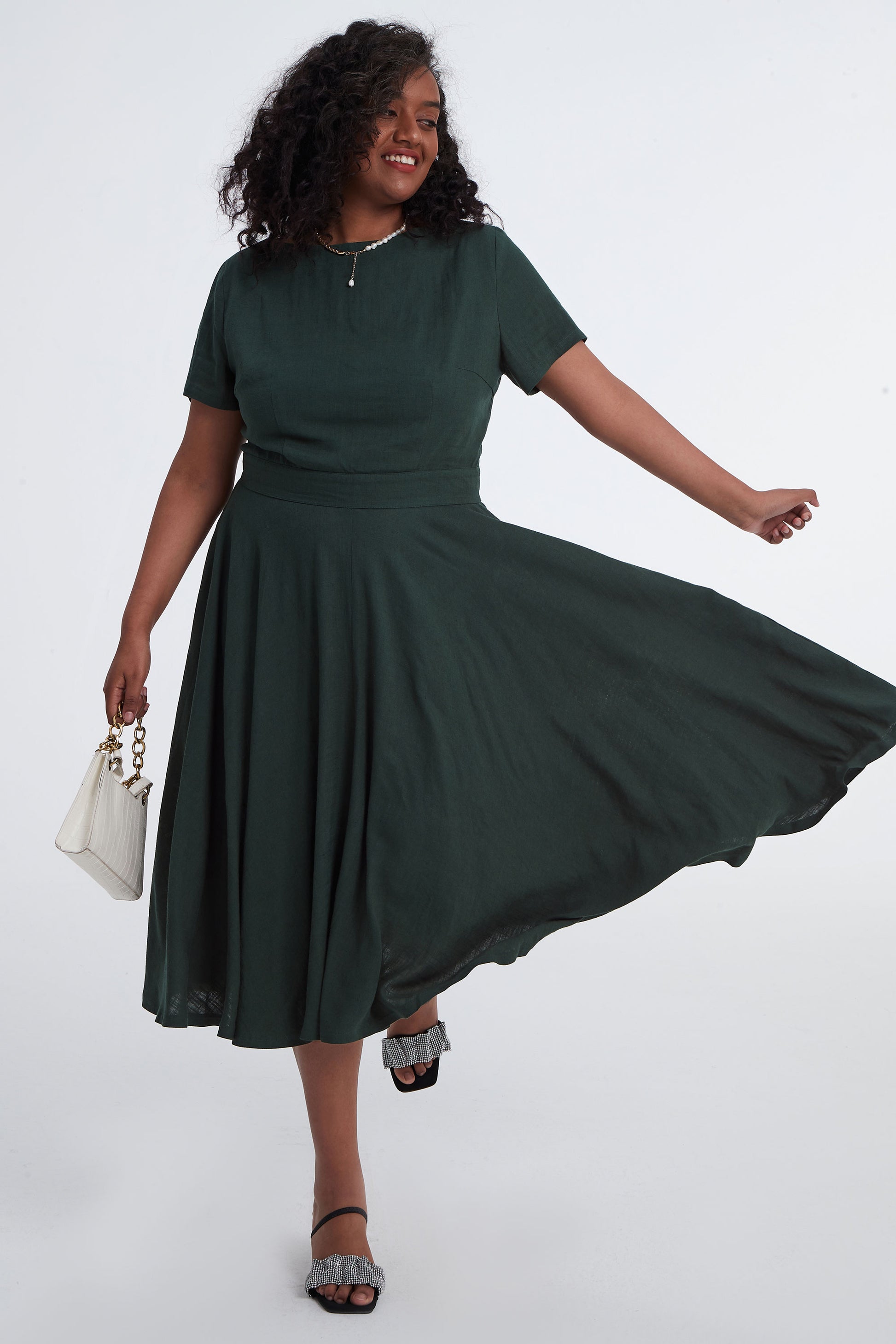 Green Linen Swing Midi Dress - Boat Neck & Pockets