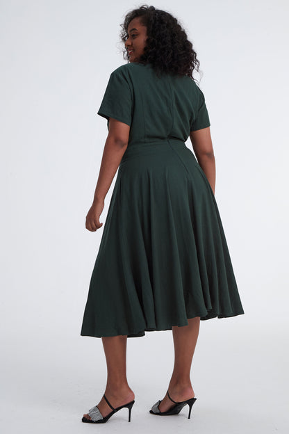 Green Linen Midi Swing Dress - Boat Neck Pockets | Xiaolizi 3399